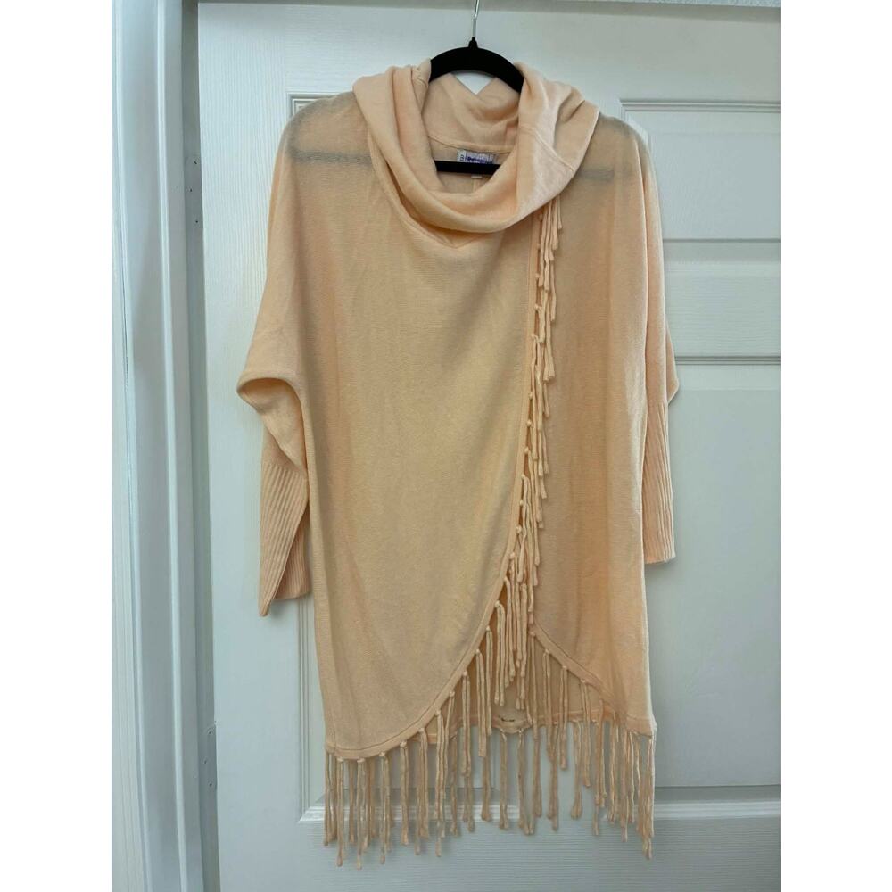 BIRCH NY‎ M Peach Knit Poncho Sweater Fringe Cowl Neck Boho Tunic